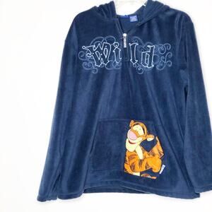 Disney Tigger Vintage Fleece Hoodie 1/4 Zip Kangaroo Pocket Blue  Large